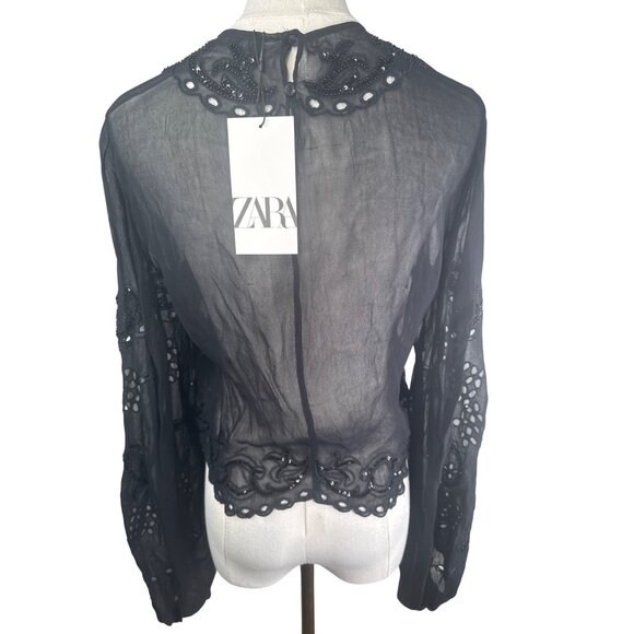 ZARA Black Sheer Small Long Sleeve Embroidered Beaded Blouse - Picture 3 of 16